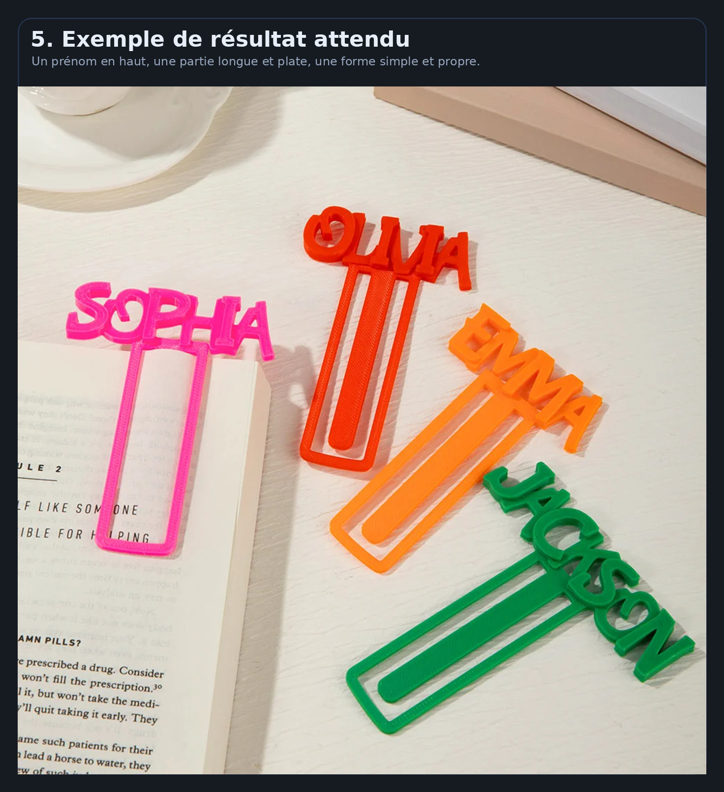 Exemple de marque-pages imprimés en 3D