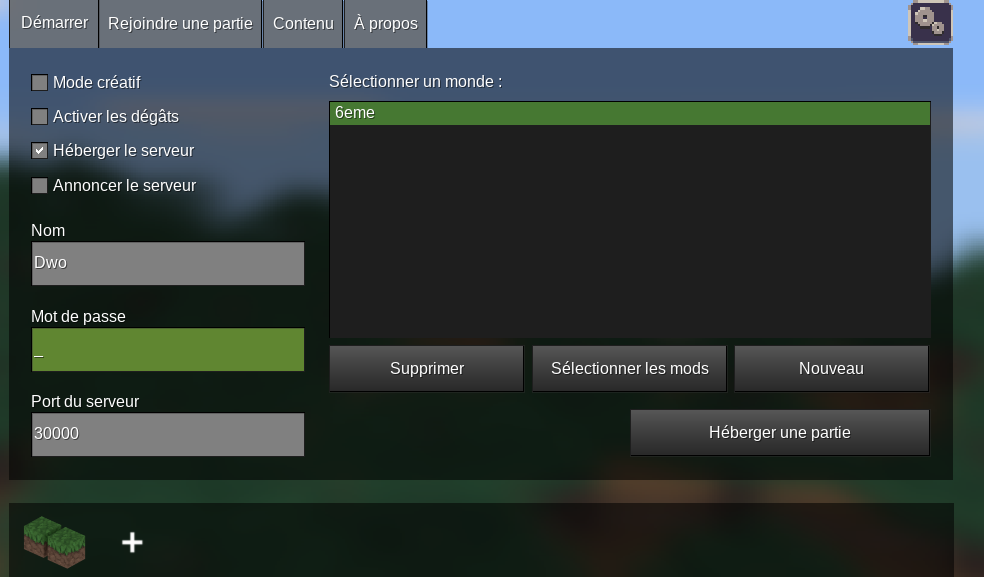Écran d’accueil Minetest